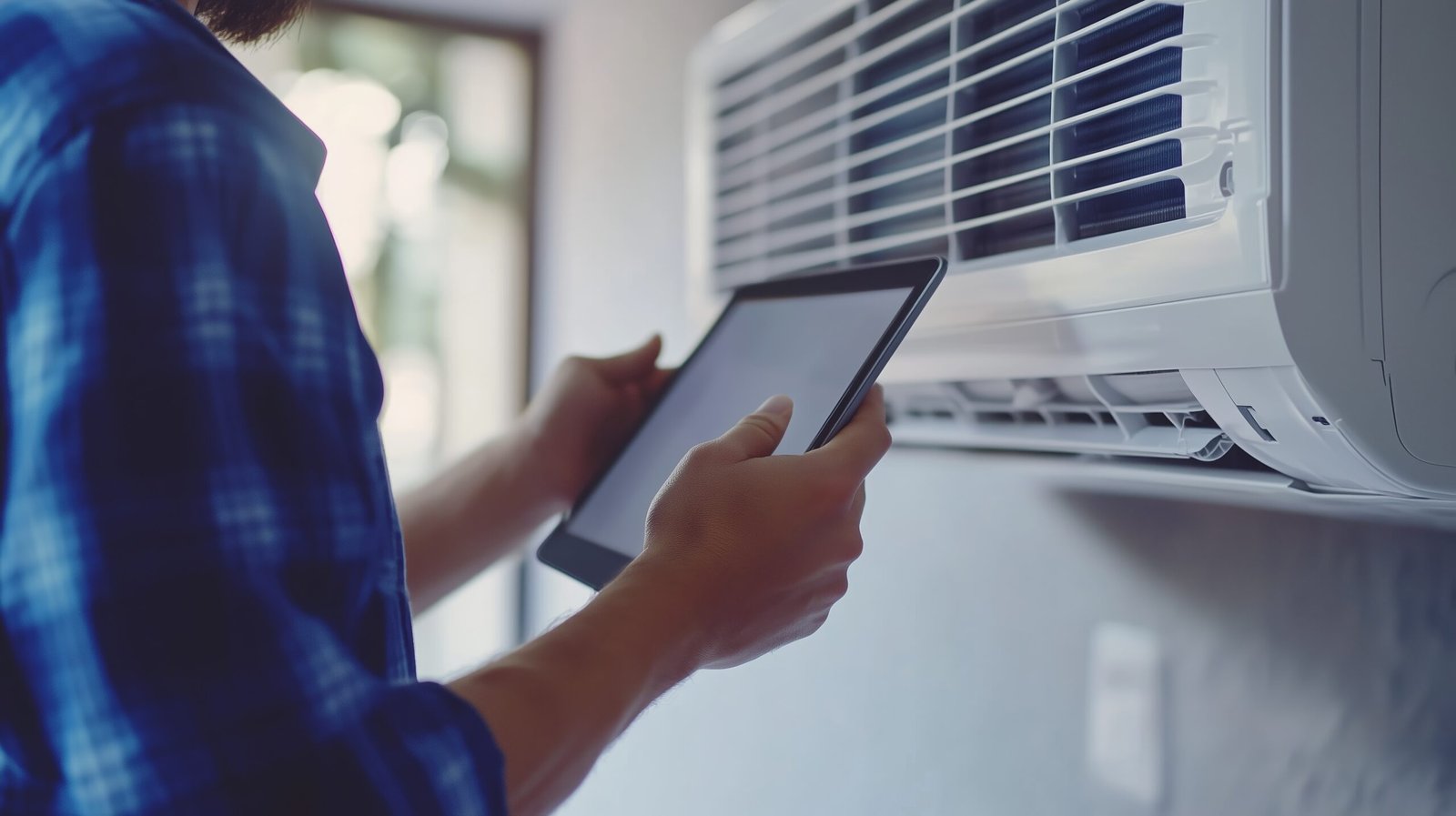 A technician is focused on installing a smart air conditioning unit with a tablet in hand, ensuring proper configuration in a bright, contemporary living space.